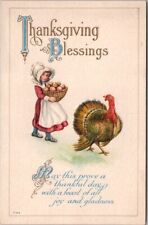 1910s THANKSGIVING Postcard Turkey / Girl w/ Basket of Apples NASH T-53 Unused picture