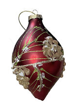 Vtg Red gold Glass pinecone Satin ornament Glitter Painted 3” teardrop Christmas picture