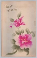 Gold Best Wishes~Vivid Pink Flowers~Airbrushed/Hand Colored~The Rose Co~Vtg PC picture