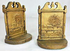 Vintage B&H (BRADLEY HUBBARD)  Brass Bookends Raised Tree/House B&H Marked picture