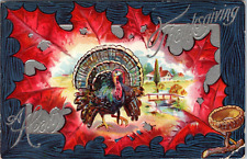Hearty Thanksgiving Greetings Embossed Postcard- Turkey, Autumn Leaf, Acorn 1909 picture