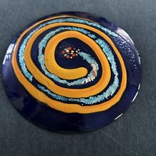 Vintage MCM Abstract Swirl Orange Navy Aqua Enamel Copper  10” Plate Signed picture