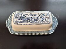 Currier and Ives Covered Butter Dish - Vintage Blue and White Royal China picture