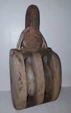 ANTIQUE WOODEN DOUBLE BLOCK PULLEY HOOK NAUTICAL BARN RUSTIC SHIP DECOR picture