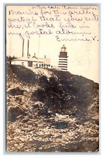 West Quoddy Head Lighthouse, Lubec ME 1905 RPPC photo postcard, rocky shoreline picture