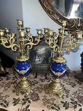 Set French VX vintage candelabras with lion faces 1960 blue candleholder 22tall picture