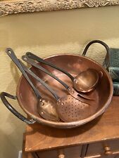Antique Hammered Copper Jam Pan With Copper Utensils. picture