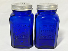 Vintage Cobalt Blue Glass Embossed Large Salt & Pepper Shakers, 4.5
