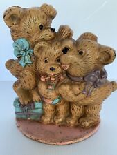 Vintage Cast Iron Door Stop 3 Bears Standing On Gift Box Bows 8”x7” picture