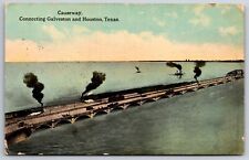 Galveston Houston Texas~Birdseye Causeway~Trains Chug Along Railway~c1910 PC picture