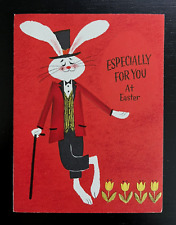 Vintage 60s Hallmark Magic Rabbit Cane Tulips Easter Die Cut Greeting Card picture