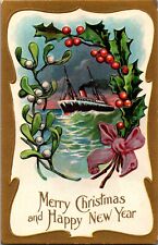 Antique Christmas Postcard Steamship Steamer Ocean Rough Water Sea Nautical picture