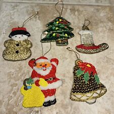(5) Lot Vintage Beaded Sequins Flat Soft Christmas Ornaments  picture