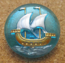 1 - Czech Glass Raised Multi-Colored Ship on Round Transparent Blue Button #12 picture