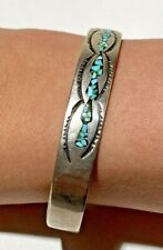 Signed Navajo Native American Sterling Silver Turquoise Inlay Etched Bracelet picture