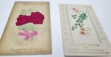 2 Antique Floral Birthday Greeting Postcards Satiny Roses Embossed Shamrocks picture