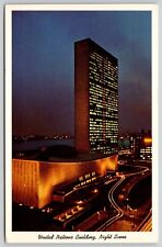 New York City NY UN General Assembly Building Night View Chrome Postcard picture