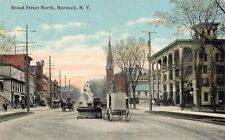 c1910 Broad Street North Car Horse Buggy People Church Stores Norwich NY 567 picture