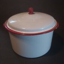 Vintage white red trim enamelware 5 Quart pot with lid country farmhouse decor  picture
