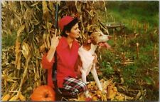 1950s HUNTING Greetings Postcard Woman with Rifle & Hunting Dog / Dexter Chrome picture