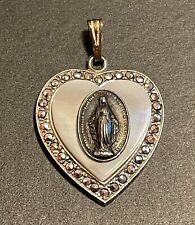 Vintage Catholic Religious Medal - STERLING / MOP / MARCASITE / MIRACULOUS HEART picture