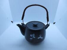 Vintage Japanese Tea Pot w/ Bamboo Handle - Black - Hand Painted picture