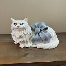 Vintage BetLar, Inc. Rare Large Ceramic White Cat Figurine With Blue Bow 17” picture