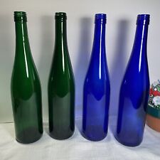 A Set of 2 Blue and 2 Green Empty Wine Bottles. Great for Home Decor and Crafter picture