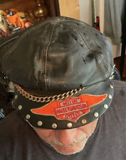 Vintage Harley Davidson Black Leather Captain Cap w/ Chain picture