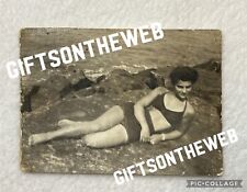 1940s Vintage Female Girl on Rocks Wave Beach Bikini Summer Original Photo Art picture