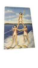 Vtg Linen Postcard Pyramid  Aqua-Maids  Florida Cypress Gardens Water Ski  picture