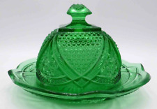 EAPG Green Domed Butter Dish Massachusetts Pattern US Glass Co. 1900s picture