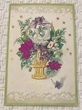 Vintage Birthday Greetings postcard White Dove gold basket flowers embossed picture