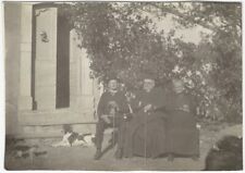 Man Woman Dog & Cat Sit in Yard with Monsignor Priest Vintage Portrait Snapshot picture