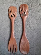 Vintage Boho Wooden Carved Elephant Salad Fork & Spoon Set Dark Teak Wood 12