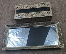  MCM Mirror Vanity Tray Perfume Makeup Rectangle Filigree Hollywood Regency 2pc picture