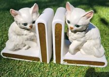 VTG 1960s Cat Bookends White Persian Fluffy Kitty Lefton Japan Ceramic Book Ends picture