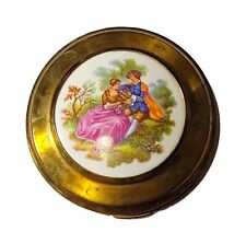 Vtg Courting Couple Brass Porcelain Ladies Mirrored Powder Compact Great Britain picture