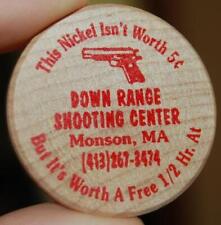 RARE VINTAGE DOWN RANGE SHOOTING CENTER MONSON MA. TRICK TARGET WOOD COIN TOKEN picture
