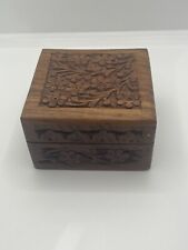 Vintage Wooden Hand Carved Floral Square Trinket Jewelry Box 4 X 4 picture