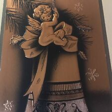 VTG Christmas Greeting Card Bronze cherub sitting on bell 5 x 8 see details. picture