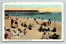 c1925 WB Postcard New London CT Bathing Ocean Beach Pier Boat Umbrellas picture