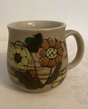 Vintage 70s Speckled Stoneware Orange & Yellow Floral Flowers Retro Coffee Mug picture