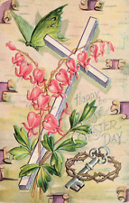Happy Easter Day Cross Flowers Vintage Embossed Postcard Posted 1911 picture
