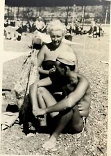 1950s Pretty Blond Woman Bikini and Shirtless Guy Bulge Trunks Vintage Photo picture