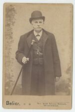 Antique c1880s Cabinet Card Dapper Man Mustache Hat Walking Cane Worcester, MA picture