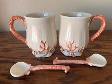 Fitz and Floyd OCEANA Pink Coral Shell Ocean Mug & Shell Teaspoon Set of 2 VTG picture