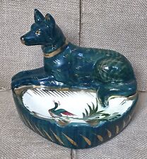 Vintage Henri Bequet Quaregnon Hand Painted  Green Dog Peacock Ashtray MCM picture