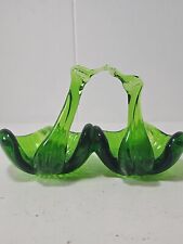 Vintage MCM Art Glass Swan Birds Green Votive Candle Holder Dish  picture