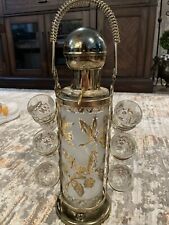 Vintage Libbey Gold Leaf Glass Liquor Pump Decanter and Six Shot Glasses picture